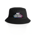 Black bucket hat with 'NZ Secondary School Squash Team Champs' text on a white background
