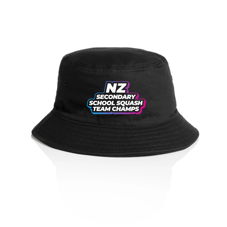 Black bucket hat with 'NZ Secondary School Squash Team Champs' text on a white background